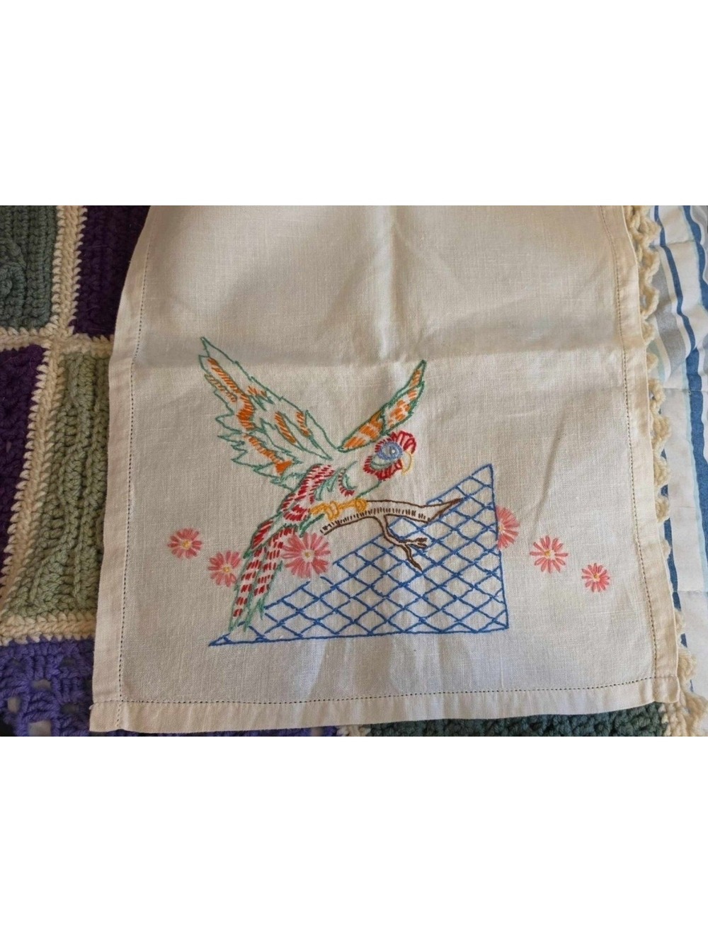 Vintage Crewel Embroidery Colorful Parrot on Swing Linen Dresser Scarf 14x39